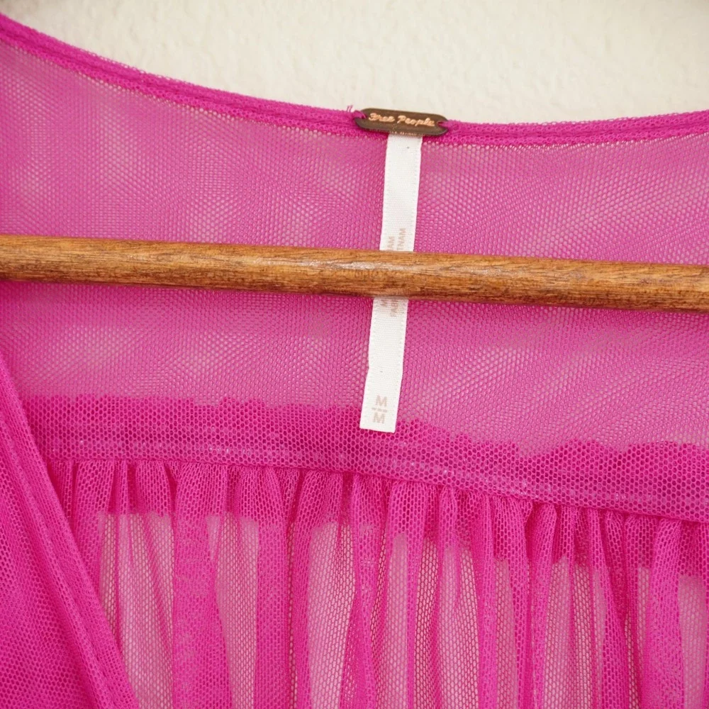 Free People Size Medium Magenta Pink Sheer Mesh Ruffle Smocked V-Neck Top Party